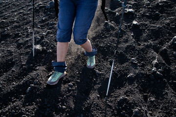 hiker trekking on mount Etna