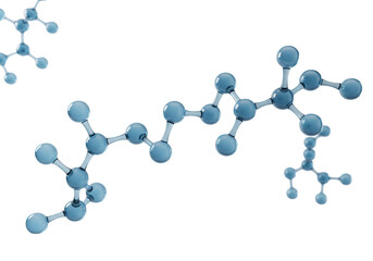 Blue molecules are isolated on transparent background, representing scientific research in chemistry and biochemistry