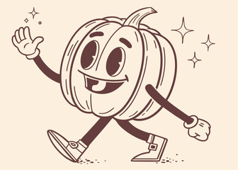 Retro Cartoon Pumpkin Character Walking with a Smile and Sparkles on a Cream Colored Background vintage cartoon
