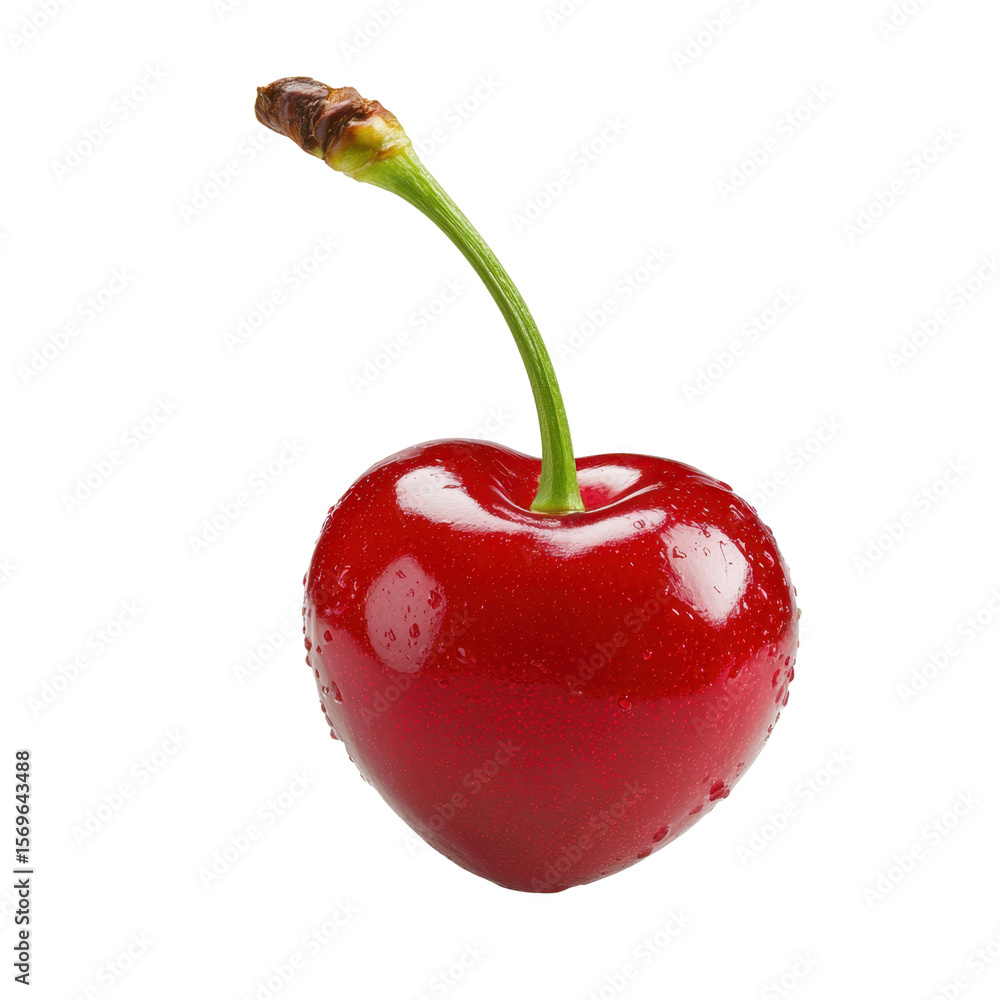 Poster vibrant red heart-shaped cherry with glossy texture and green stem isolated on white background for 