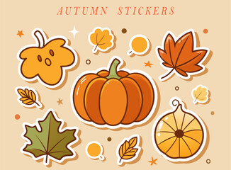 Cute Autumnal Stickers Featuring Pumpkins Leaves and Stars on a Beige Background Perfect for Scrapbooking or Decoration