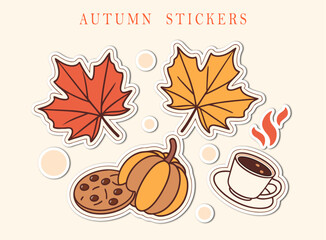 Cozy Autumnal Stickers Maple Leaves Pumpkin Chocolate Chip Cookie and a Steaming Cup of Coffee Illustration collection