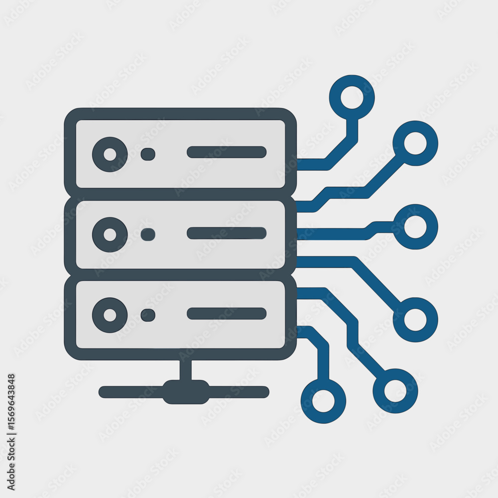 Poster flat line style server network technology connection data center icon