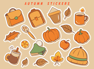 Autumnal Stickers A Collection of Fall Themed Illustrations Featuring Pumpkins Leaves Backpacks and Warm Beverages on a Beige Background