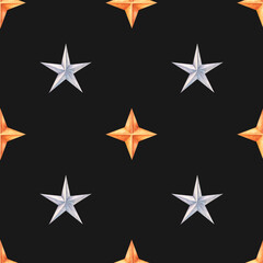 Obraz premium Watercolor pattern of golden and silver 3D stars on a dark background. This seamless design adds a modern and classy touch for wrapping paper, festive textiles, and creative projects.