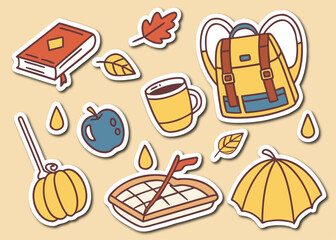 Cute Autumnal Sticker Set with Book Leaves Backpack Coffee Apple Pumpkin Pie and Umbrella on Cream Background