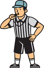 Color vector cartoon of a referee blowing a whistle with hand on hip. Friendly and modern style for sports illustrations.