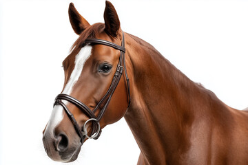 Obraz premium Portrait of elegant horse isolated on white background, Selective focus racing horse with saddle on white background.