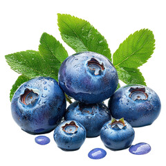Obraz premium Fresh Blueberries with Water Droplets and Green Leaves on White Background for Healthy Eating and Cooking Concepts transparent background