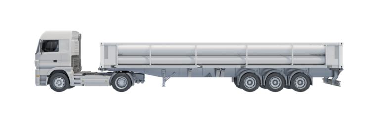 Hydrogen transport using tube trailers specifically optimized for efficient H2 gas delivery. Isolated on transparent background. Side view. 3D illustration