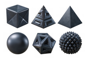 Collection of six metallic geometric shapes isolated on transparent background