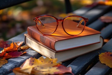 Outdoor autumn reading scene with sunglasses on stacked books and fallen leaves on park bench, evoking relaxation and seasonal lifestyle themes