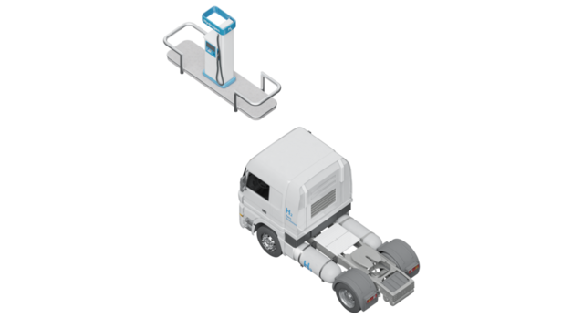 Hydrogen tractor nearby h2 station isolated on transparent background. Orthogonal view at 45 degrees. 3D illustration