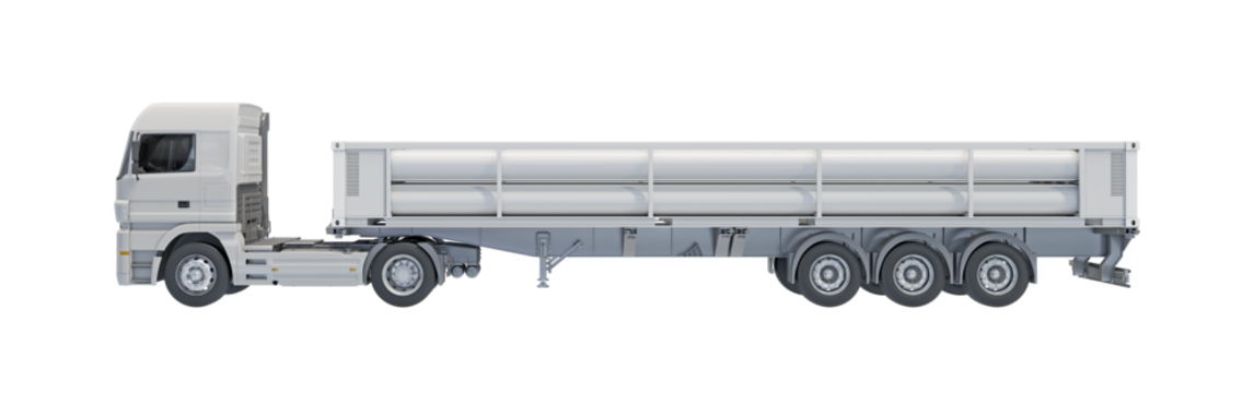 Hydrogen transport using tube trailers specifically optimized for efficient H2 gas delivery. Isolated on transparent background. Side view. 3D illustration