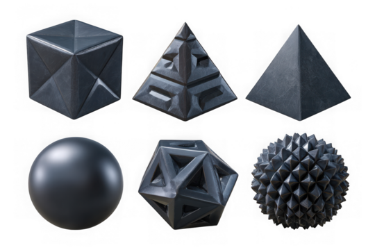 Collection of six metallic geometric shapes isolated on transparent background