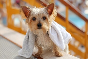 Small dog wrapped in towels, looking adorable by the poolside in a sunny outdoor setting