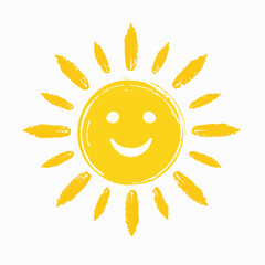 Fototapeta premium A simple yellow hand-drawn sun with a smile shape at the center, surrounded by radiating