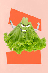 Image pop 3d zine vertical collage of green lettuce curly cabbage emoji mouth eyeball stare detox...