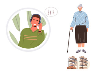 Customer service representative with headset assisting, elderly woman with cane standing nearby, and apartment housing units. Ideal for senior care, assistance, housing, healthcare, support services