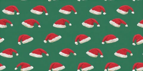 Seamless pattern of red Santa hats on a green background. Multiple red hats arranged evenly, endless festive lbackground