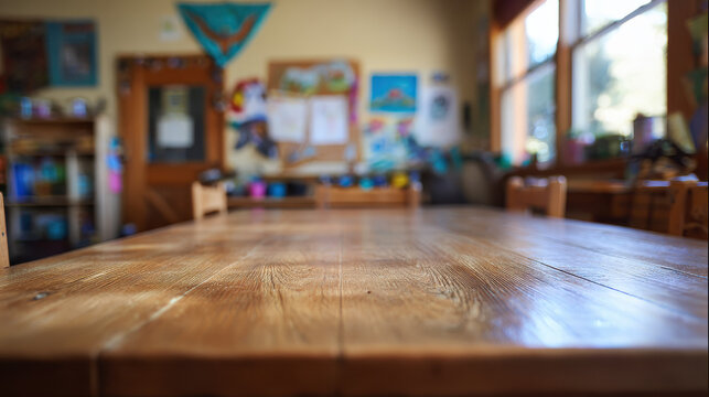 Wooden Table with Blurred Linus Pauling Day Classroom Background Featuring Crafts and Drawings
