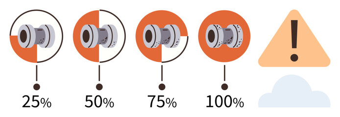 Progression of gear system highlighted from 25 to 100 efficiency using orange segments, ending in a warning symbol. Ideal for engineering, maintenance, system monitoring, performance analysis, risk