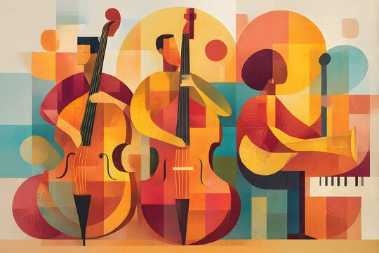 Jazz Trio Performing on Stage with Double Basses. Abstract retro illustration or poster