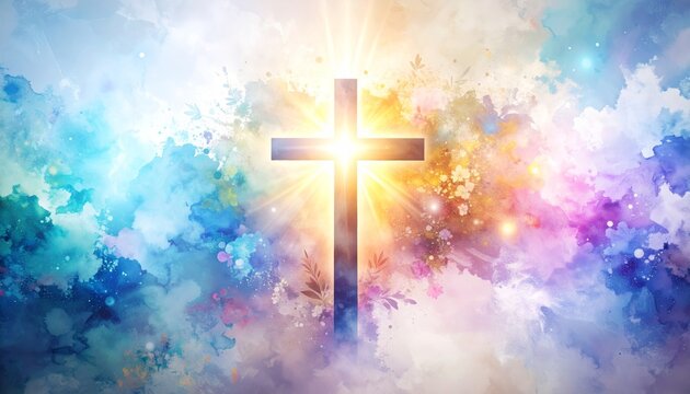 Abstract Christian cross with colorful textured watercolor background
