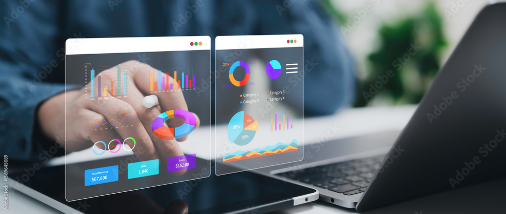 Poster close-up hand analyzing digital dashboard with bar charts pie charts sales performance profit revenu