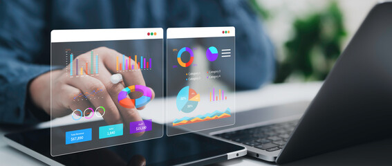 Close-up hand analyzing digital dashboard with bar charts pie charts sales performance profit revenue insights business analytics smart technology modern finance data visualization tools