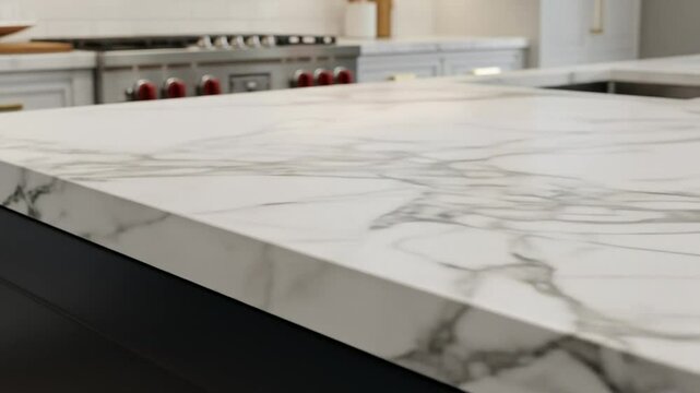 Smooth white marble kitchen countertop with subtle gray veining and modern appliances in background