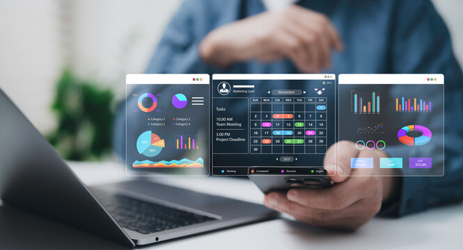 Businessman using digital dashboard with calendar pie charts bar graphs financial data visualization task planner profit revenue performance analysis modern technology smart finance mobile integration