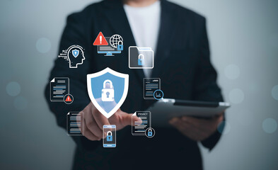 Cybersecurity awareness with shield icon user interface protecting data privacy document access...