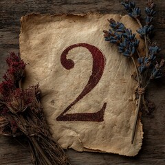 Vintage - style number 2 on aged paper, flanked by dried red and blue flowers, placed on wooden background; ideal for rustic, antique - themed designs, event numbering, or decorative elements 