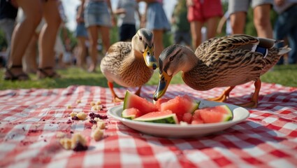 Ducks eating watermelon, picnic blanket scene, funny wildlife moment, summer outdoor gathering, cute animals with fruit, park event concept, cheerful nature lifestyle, community picnic