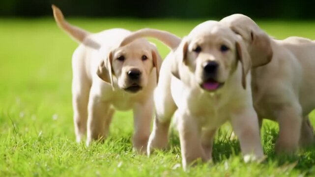 Adorable labrador puppies playing fetch in the sun on green grass funny dog video cute pets so sweet video 4k