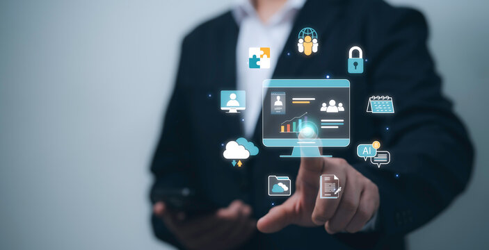 Businessman interacting with virtual collaboration dashboard showing cloud storage video conference AI message file sharing secure access teamwork icons technology concept remote workflow