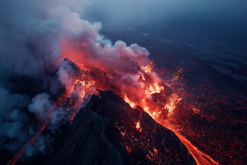 Obraz premium A volcano erupts with lava and smoke, creating a fiery and dangerous scene