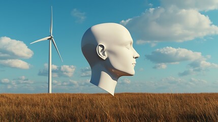 A futuristic humanoid head floats above a dry grass field with a wind turbine in the background under a partly cloudy blue sky.