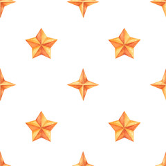  Seamless watercolor pattern with alternating five-pointed and four-pointed stars in warm orange tones. Hand-painted celestial shapes on a white background, perfect for fabric or wrapping paper.