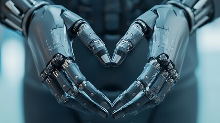 Two sleek robotic hands forming a heart shape, showcasing advanced technology and futuristic design.