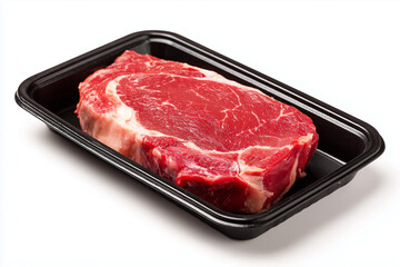 Raw beef steak in black plastic tray in groceries mart isolated on white background, Rib eye steak in premium tray in butcher shop.