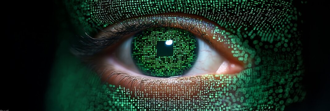 A close-up of a human eye with green digital code patterns over the skin, resembling a fusion of human and digital technology.