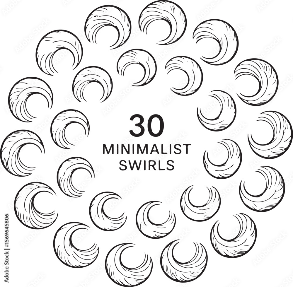 Poster circular arrangement of thirty stylized swirls black and white graphic design element with text cent