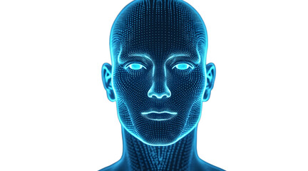 Digital human face with glowing blue dots and lines, futuristic technology concept with abstract wireframe mesh and facial recognition effect