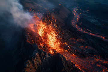 A volcano erupts with lava spewing out of it