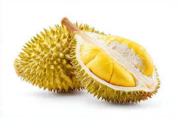 Obraz premium Ripe durian isolated on white background, Selective focus exotic tropical fruit in thailand with thorn, King of fruit.
