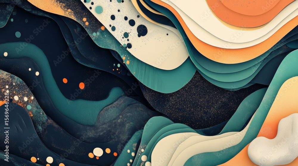 Poster intricate layered abstract background with liquid shapes and vibrant color palettes
