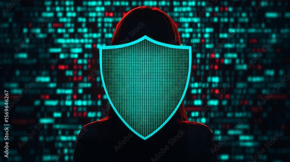 Poster a silhouette of a person with a digital shield overlay, symbolizing cybersecurity and data protectio