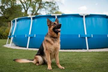 German shepherd dog sitting on green grass near a blue swimming pool in a sunny backyard